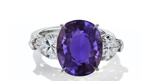 632 custom made unique oval purple sapphire center stone and pears diamond accent three stone engagement ring