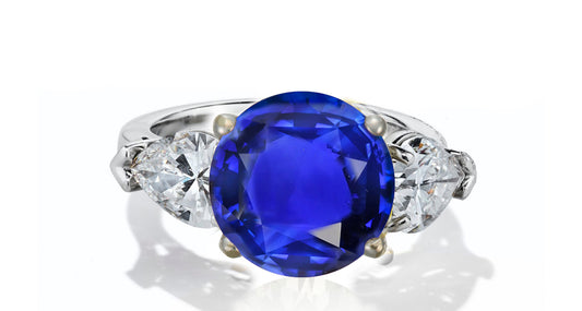 633 custom made unique round blue sapphire center stone and pears diamond accent three stone engagement ring