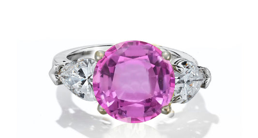633 custom made unique round pink sapphire center stone and pears diamond accent three stone engagement ring