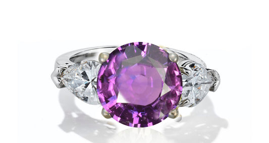 633 custom made unique round purple sapphire center stone and pears diamond accent three stone engagement ring