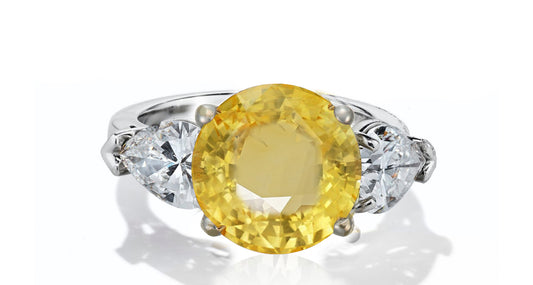 633 custom made unique round yellow sapphire center stone and pears diamond accent three stone engagement ring