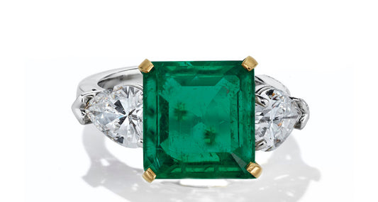 634 custom made unique square emerald center stone and pears diamond accent three stone engagement ring