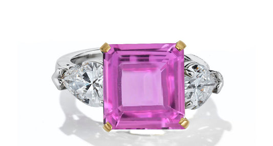 634 custom made unique square pink sapphire center stone and pears diamond accent three stone engagement ring