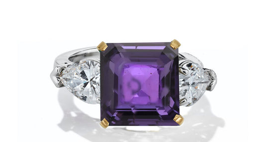 634 custom made unique square purple sapphire center stone and pears diamond accent three stone engagement ring
