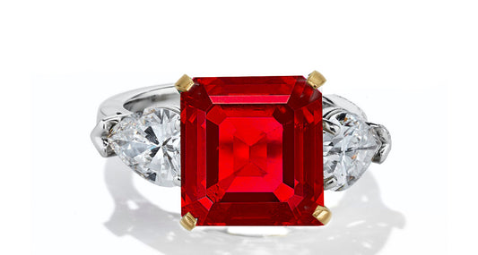 634 custom made unique square ruby center stone and pears diamond accent three stone engagement ring