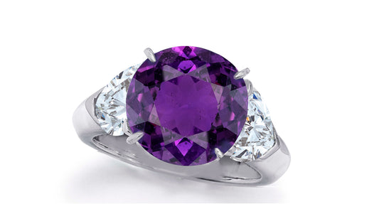 637 custom made unique round purple sapphire center stone and heart diamond accent three stone engagement ring