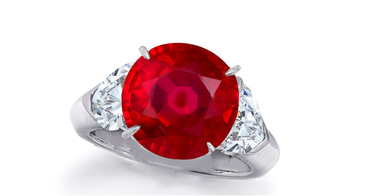 637 custom made unique round ruby center stone and heart diamond accent three stone engagement ring
