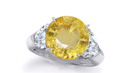 637 custom made unique round yellow sapphire center stone and heart diamond accent three stone engagement ring