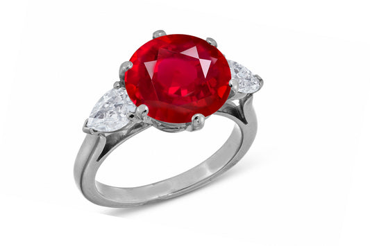 638 custom made unique round ruby center stone and pears diamond accent three stone engagement ring