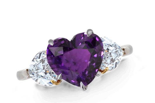 640 custom made unique heart purplek sapphire center stone and heart diamond accent three stone engagement ring