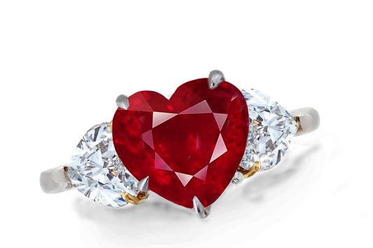 640 custom made unique heart ruby center stone and heart diamond accent three stone engagement ring
