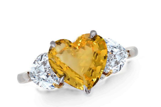 640 custom made unique heart yellow sapphire center stone and heart diamond accent three stone engagement ring