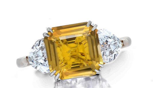 641 custom made unique asscher yellow sapphire center stone and heart diamond accent three stone engagement ring