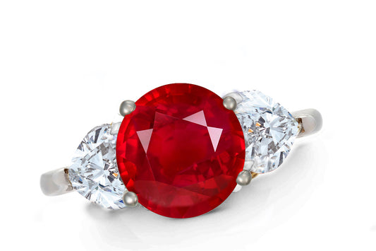 643 custom made unique round ruby center stone and heart diamond accent three stone engagement ring