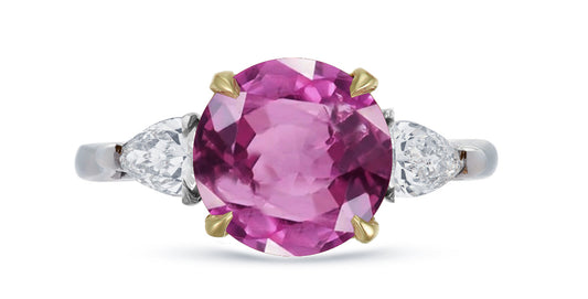 645 custom made unique round pink sapphire center stone and pears diamond accent three stone engagement ring