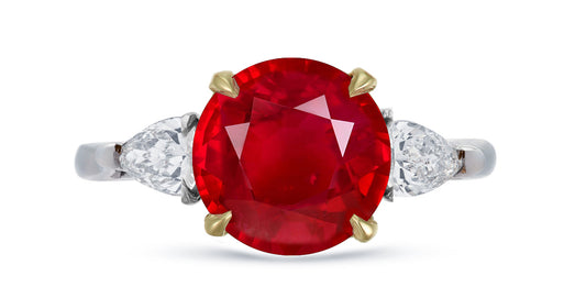 645 custom made unique round ruby center stone and pears diamond accent three stone engagement ring