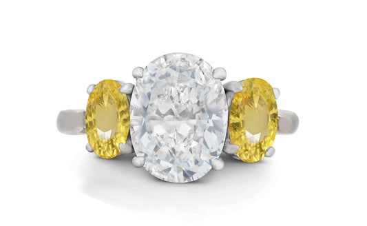 647 custom made unique oval diamond center stone and oval yellow sapphire accent three stone engagement ring