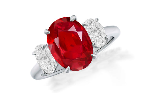 648 custom made unique oval ruby center stone and oval diamond accent three stone engagement ring