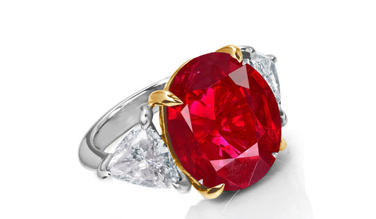 649 custom made unique oval ruby center stone and trillion diamond accent three stone engagement ring