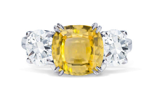 651 custom made unique cushion yellow sapphire center stone and round diamond accent three stone engagement ring
