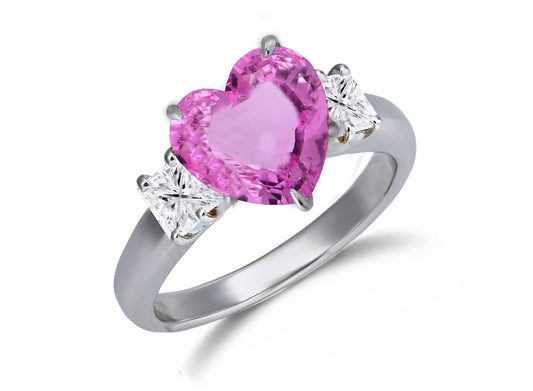 652 custom made unique heart pink sapphire center stone and squae diamond accent three stone engagement ring