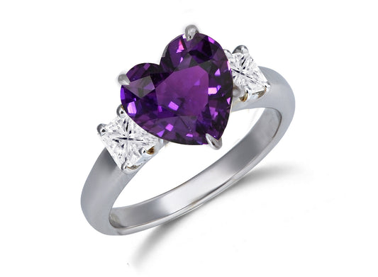 652 custom made unique heart purple sapphire center stone and squae diamond accent three stone engagement ring