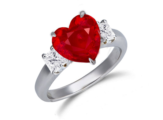 652 custom made unique heart ruby center stone and squae diamond accent three stone engagement ring