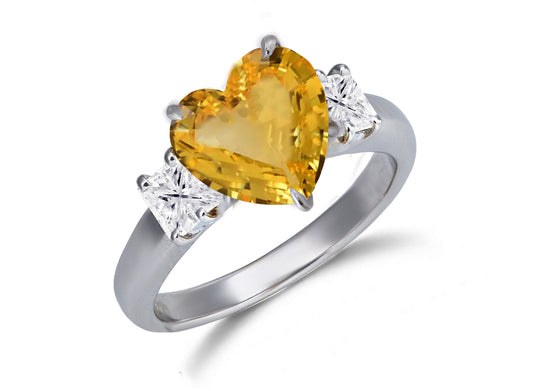 652 custom made unique heart yellow sapphire center stone and squae diamond accent three stone engagement ring