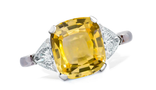 654 custom made unique cushion yellow sapphire center stone and trillion diamond accent three stone engagement ring