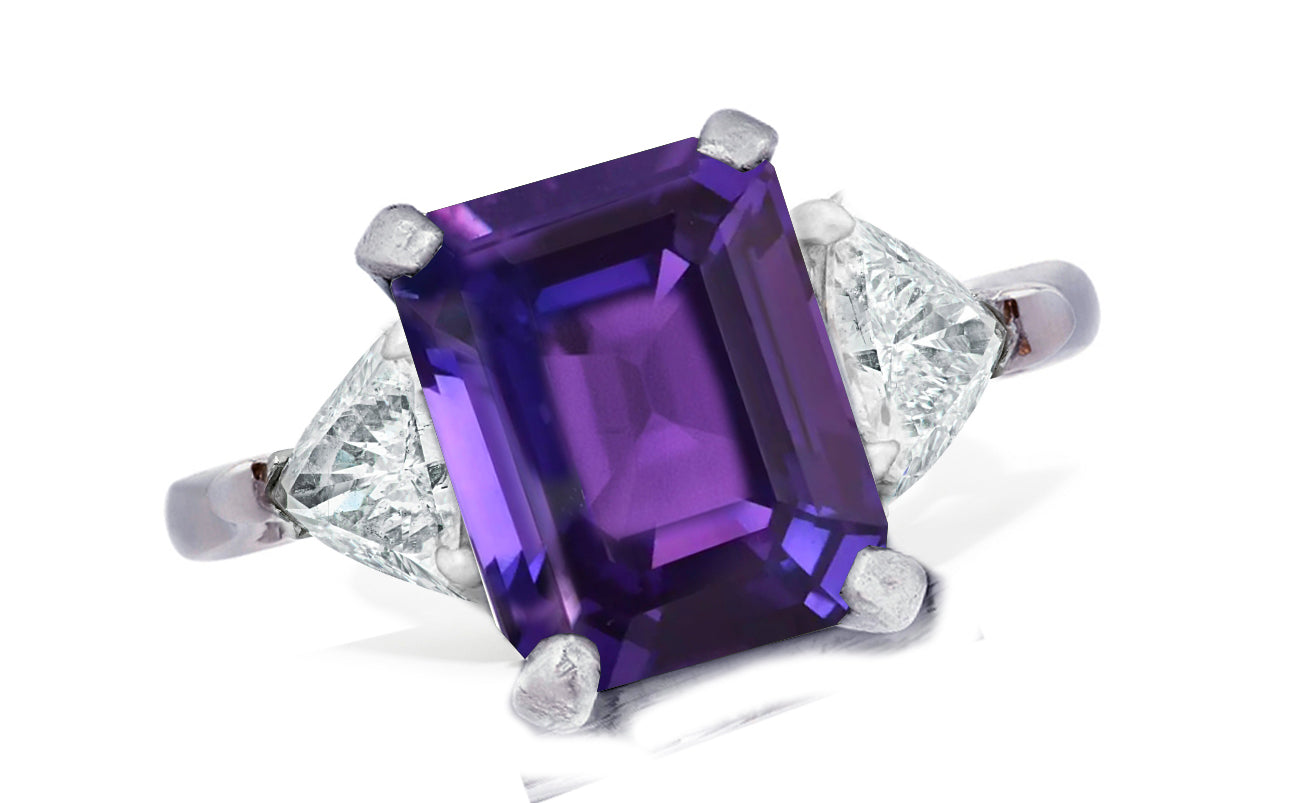 655 custom made unique emerald cut purple sapphire center stone and trillion diamond accent three stone engagement ring