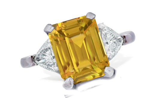 655 custom made unique emerald cut yellow sapphire center stone and trillion diamond accent three stone engagement ring