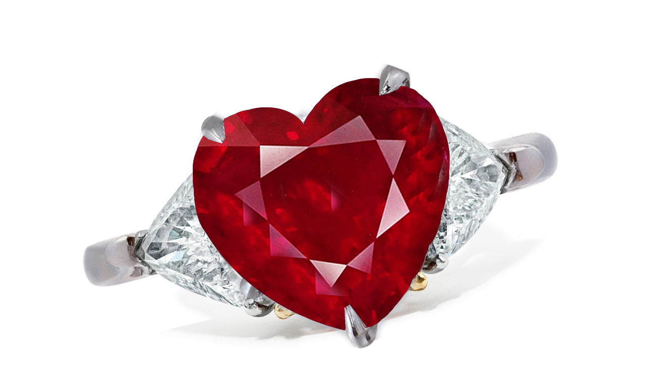 659 custom made unique heart ruby center stone and trillion diamond accent three stone engagement ring