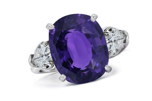 661 custom made unique oval purple sapphire center stone and pears diamond accent three stone engagement ring