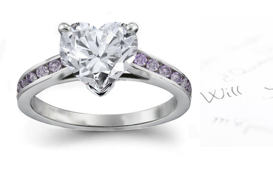 engagement ring with heart white diamond center and side round purple diamonds