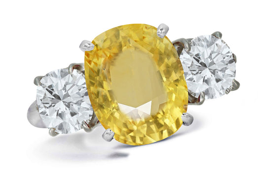 663 custom made unique oval yellow sapphire center stone and round diamond accent three stone engagement ring