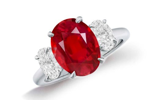 664 custom made unique oval ruby center stone and oval diamond accent three stone engagement ring