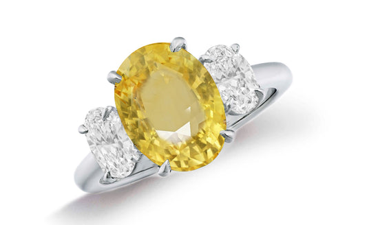 664 custom made unique oval yellow sapphire center stone and oval diamond accent three stone engagement ring