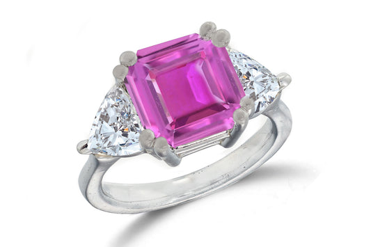 668 custom made unique asscher pink sapphire center stone and heart diamond accent three stone engagement ring