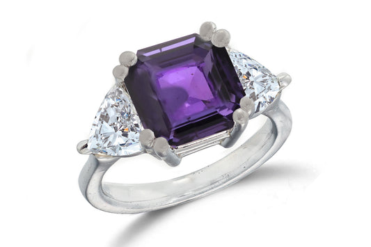 668 custom made unique asscher purple sapphire center stone and heart diamond accent three stone engagement ring