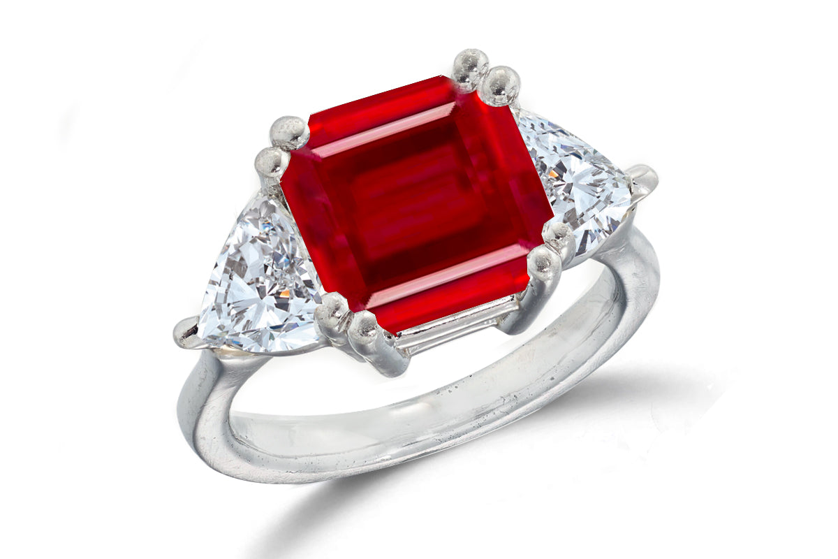 668 custom made unique asscher ruby center stone and heart diamond accent three stone engagement ring