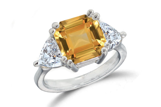 668 custom made unique asscher yellow sapphire center stone and heart diamond accent three stone engagement ring