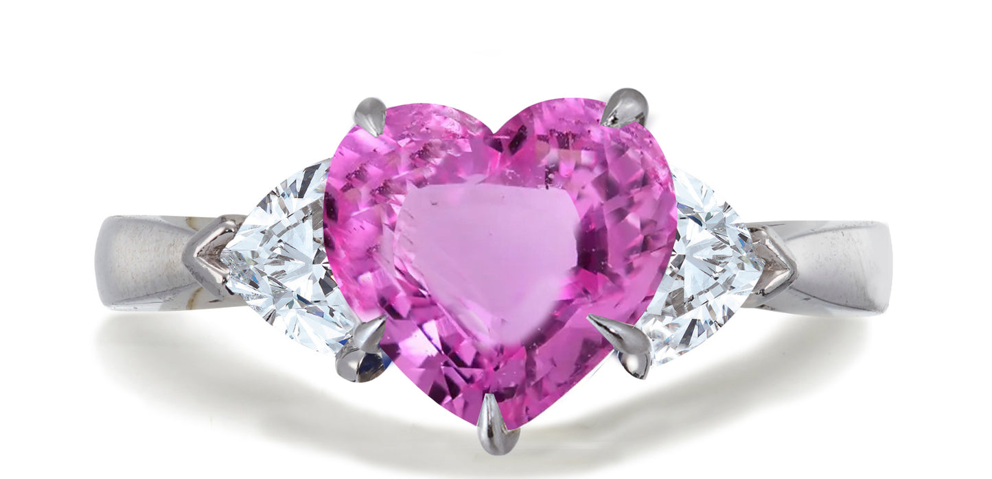 678 custom made unique heart pink sapphire center stone and heart diamond accent three stone engagement ring