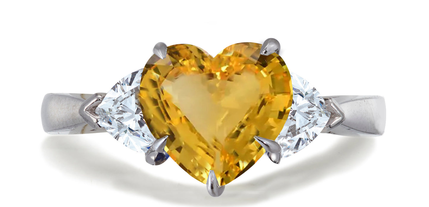 678 custom made unique heart yellow sapphire center stone and heart diamond accent three stone engagement ring