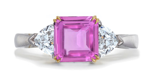 679 custom made unique asscher cut pink sapphire center stone and heart diamond accent three stone engagement ring