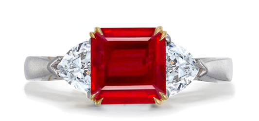 679 custom made unique asscher cut ruby center stone and heart diamond accent three stone engagement ring
