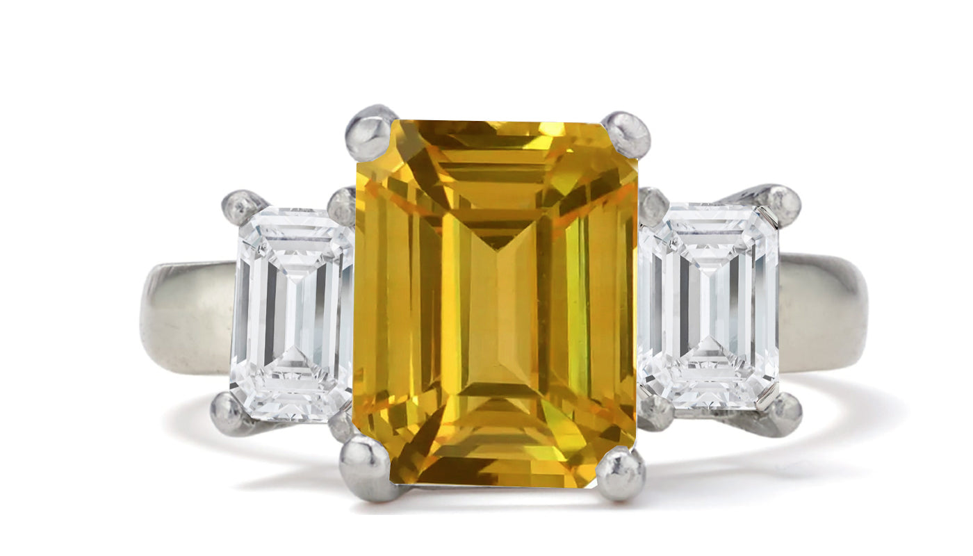682 custom made unique emerald cut yellow sapphire center stone and emerald cut diamond accent three stone engagement ring