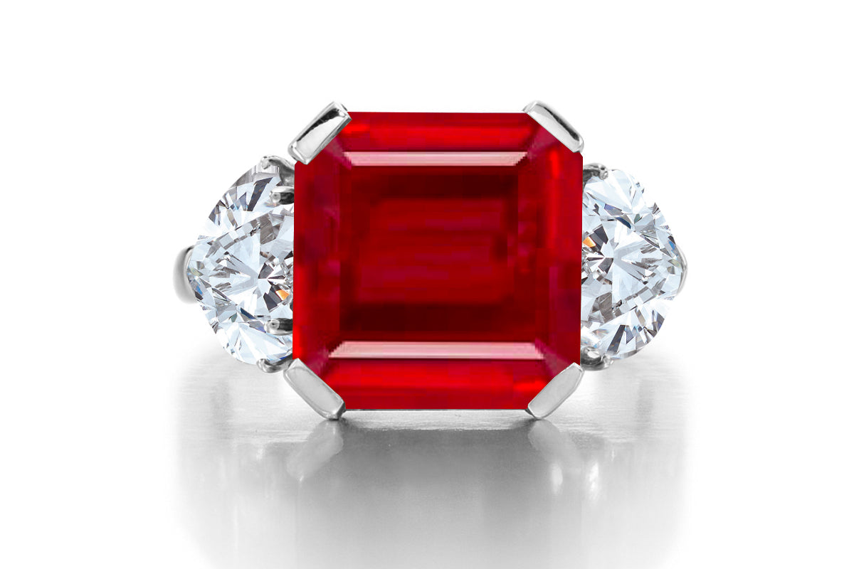 689 custom made unique asscher cut ruby center stone and heart diamond accent three stone engagement ring
