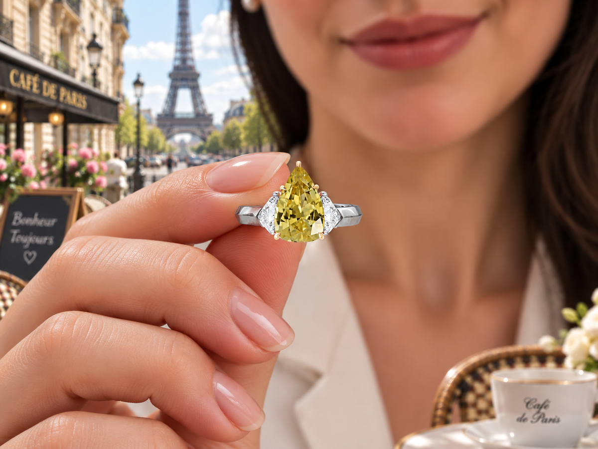 1 custom made unique pear yellow sapphire center stone with trillion diamond accents three stone engagement ring