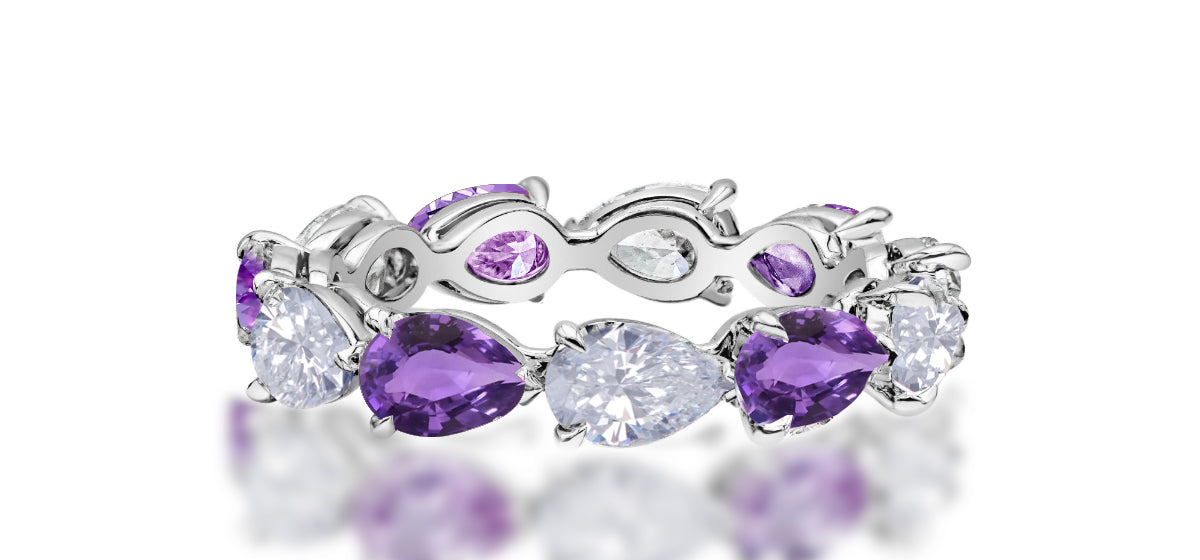 84 custom made unique stackable alternating pear purple sapphire and diamond eternity ring