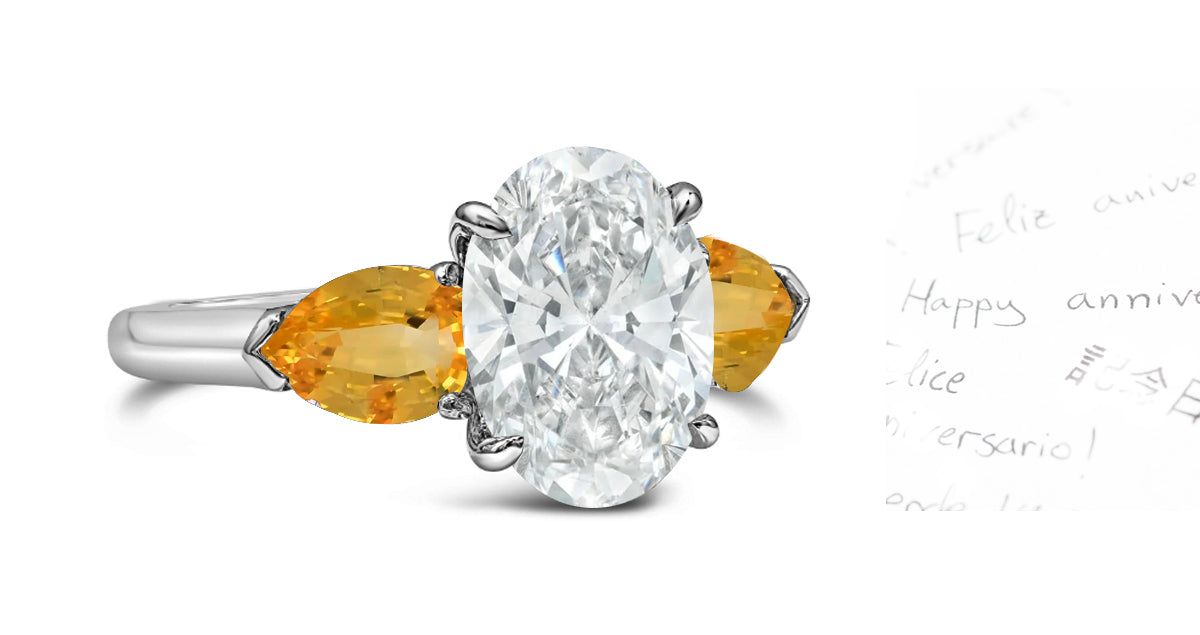 86 custom made unique oval diamond and pear shaped yellow sapphire side three stone engagement ring
